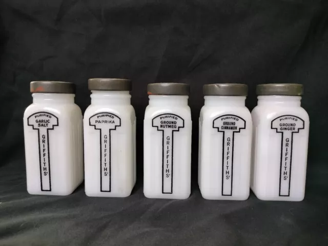 5 Vintage Art Deco Milk Glass Griffith's Spice Jars - Old Antique Kitchen Farm 5 Vintage Art Deco Milk Glass Griffith's Spice Jars - Old Antique Kitchen Farm