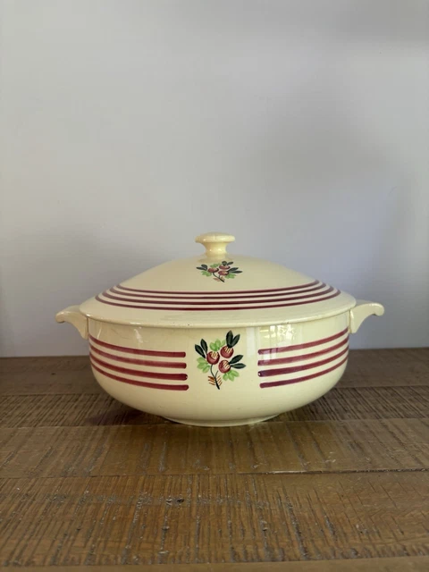 Ancienne Soupière Légumier Faïencerie Givors France - Décor Quadrillé Bordeaux - Vintage