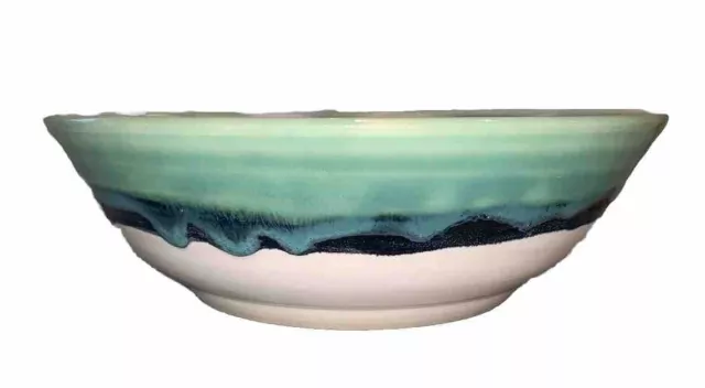 ‘97 Signed ‘K’ Blue Green Cream Drip Pottery Bowl Studio 8” Diam 2 3/8”T