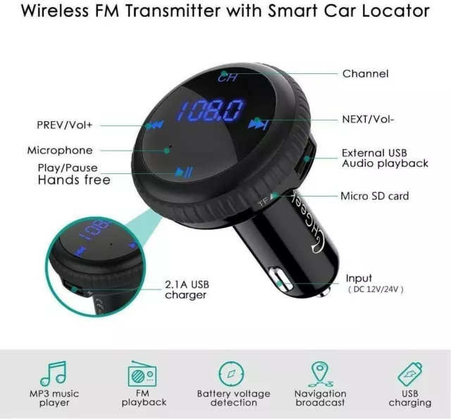 CHGeek Bluetooth FM Smart Auto Locator Wireless Transmitter USB Micro SD 5V/2.1A