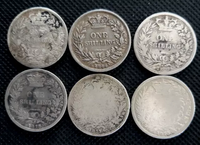 Great Britain set of 6 .925 silver shilling coins Queen Victoria 1839-1873