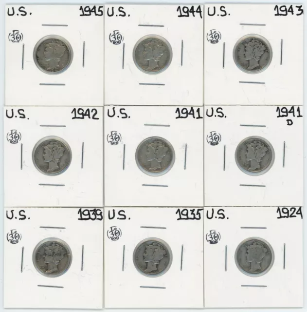 Mercury Dimes 10c 1924 to 1945  Lot of 9 Silver #15018z