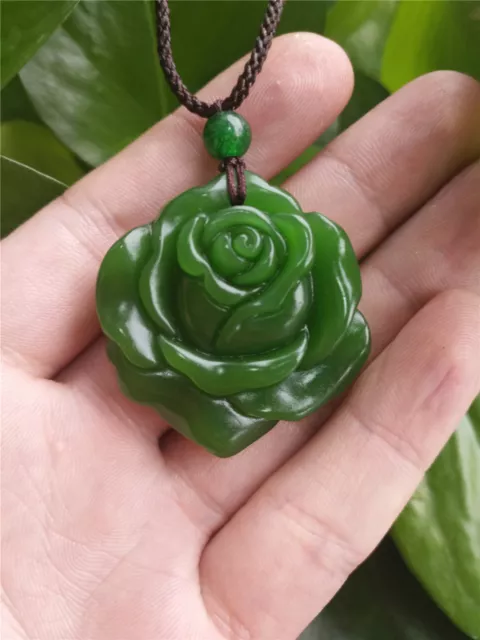 Fashion Natural Green Jade Rose Necklace Pendant Hand-Carved Lucky Amulet Hot