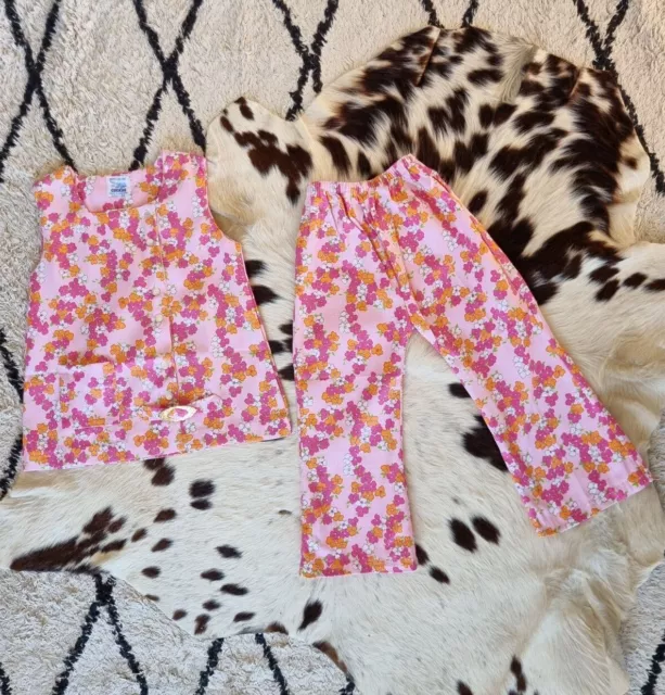 Vtg 60S Deadstock Matching Set Flower Belted Cotton Tunic Pants Approx 2-3 Years