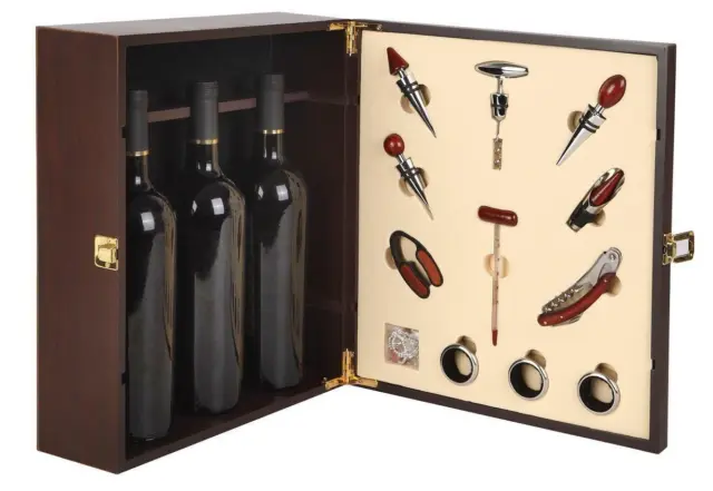 Caja De Regalo De Madera De Cooko Para Tres Botellas De Vino Set De Sommelier 12