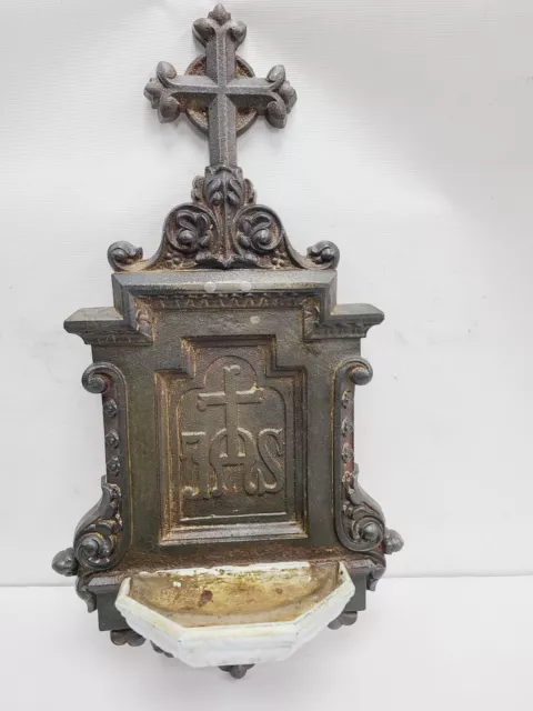 Antique Large JHS Holy Water Font Wall Hanging Cast Iron Church Monastery 1900's