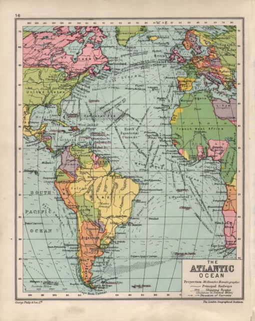 1934 MAP ~ THE ATLANTIC OCEAN ~ SHOWING SHIPPING ROUTES BRITISH ISLES EUROPE etc