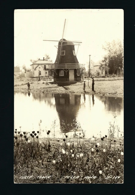 Pella Iowa IA 1940 RPPC Tulip Garden, Children Across Pond, TULIP FESTIVAL Time