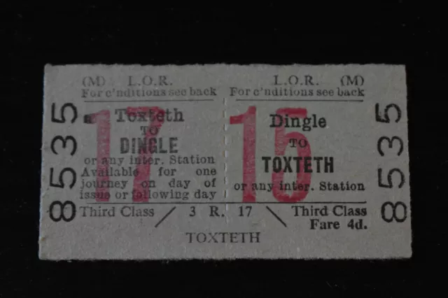 Liverpool Overhead Railway Ticket LOR DINGLE to TOXTETH No 8535