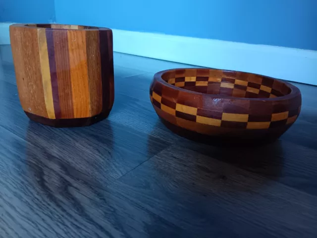 2 Piece Handmade Wooden Fruit Bowl And Utensil Holder Signed M