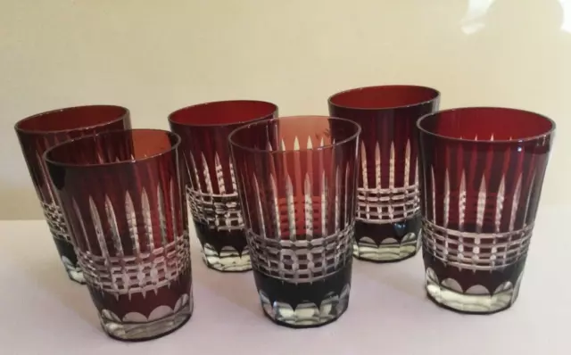 Vintage Bohemian Ruby Red Cut To Clear Six Glasses