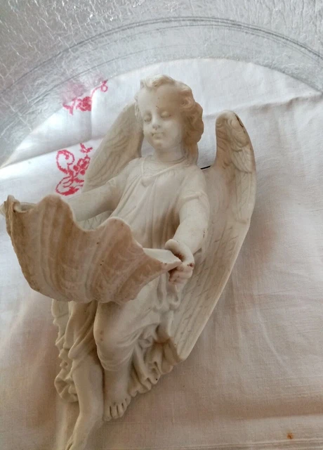 Rare Antique Large Benitier Angel Biscuit N°121 Stamp M & F Height 23Cm 2