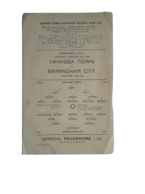 Swansea Town Reserves v Birmingham City Res 10/1/1959 Combination League 1958/59