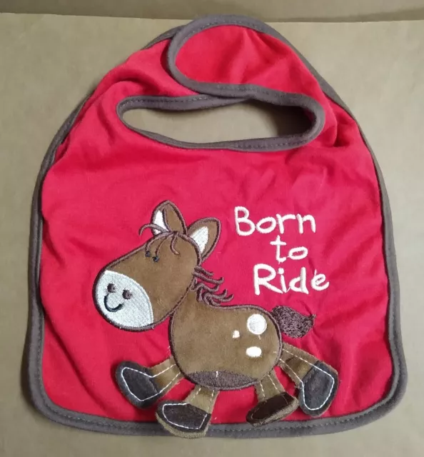 Horse Baby Bib, Born to Ride, Red Brown Embroidered Infant Cowboy Cowgirl