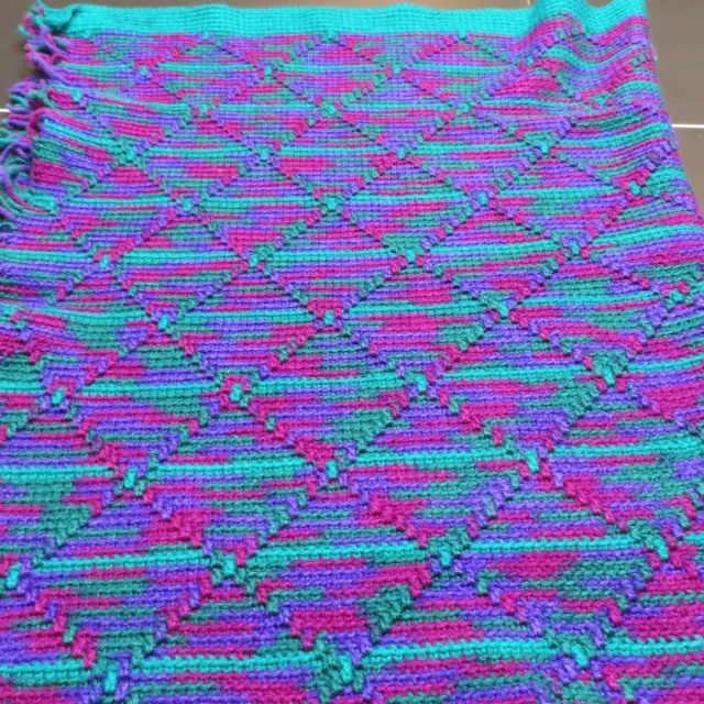 HANDMADE Crochet Knit Afghan Blanket Purple Teal Fringe 33.5"x49" Granny 80s 90s