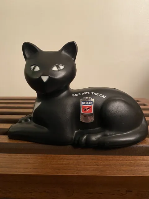 Vintage 1981 Eveready Plastic Black Piggy Bank Save with the Cat Blow Mold