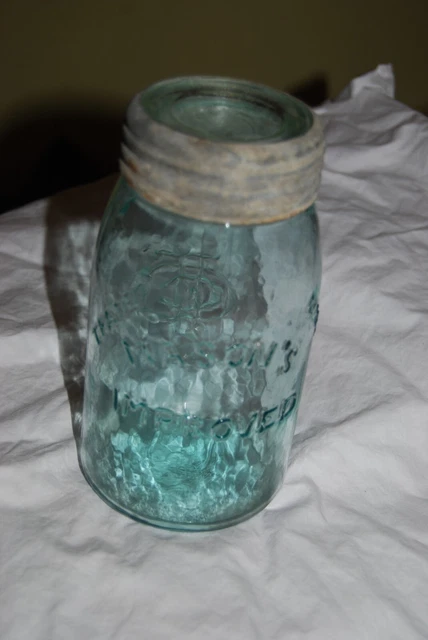 TRADE MARK MASON'S IMPROVED - CFJ Co on rev. whittled aqua quart mason jar