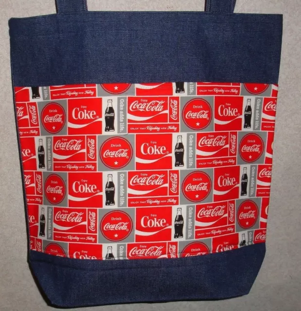 NEW Large Denim Tote Bag Handmade/w Coke Coca Cola Red White Gray Fabric