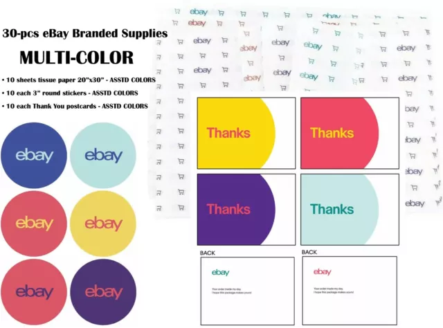 30-pcs EBAY BRANDED SUPPLIES by color--Tissue Paper-Stickers-Thank You Postcards