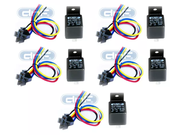 5 Pack 12V 30/40 Amp 5-Pin SPDT Automotive Relay with Wires & Harness Socket Set