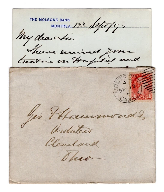 Canada QC Quebec - Montreal 1892 Molsons Bank - Cover to USA w/ Letter - No Flap