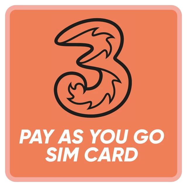 THREE PAY AS YOU GO SIM CARD £15.00 30GB Data ULTD Mins ULTD