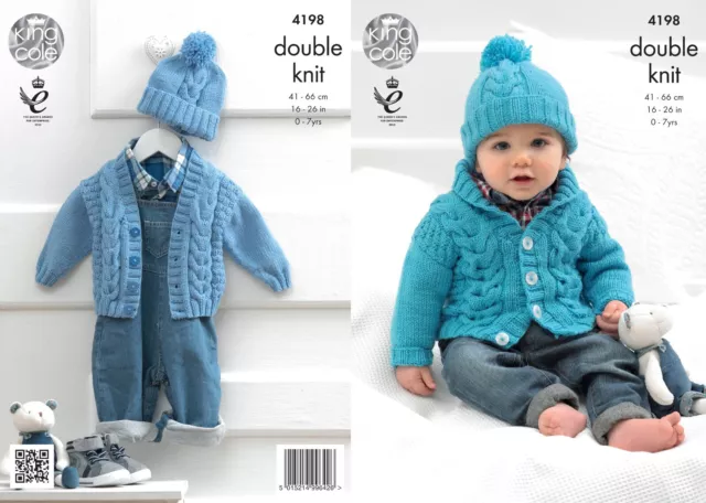 King Cole Baby DK Knitting Pattern - 4198 Cardigans & Hat ( 0-7yrs)