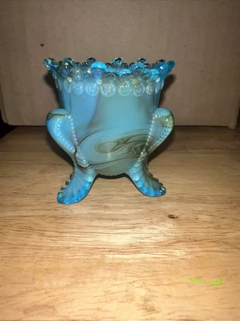 Vintage Degenhart Forget Me Not Blue With Slag Footed Glass Toothpick Holder