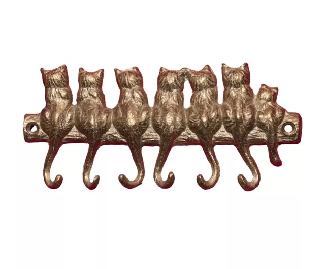Brass Cat Tails 6 Hooks Wall Mount Keys Hanger 6 Cats & 1 Kitten 7” Unique Decor