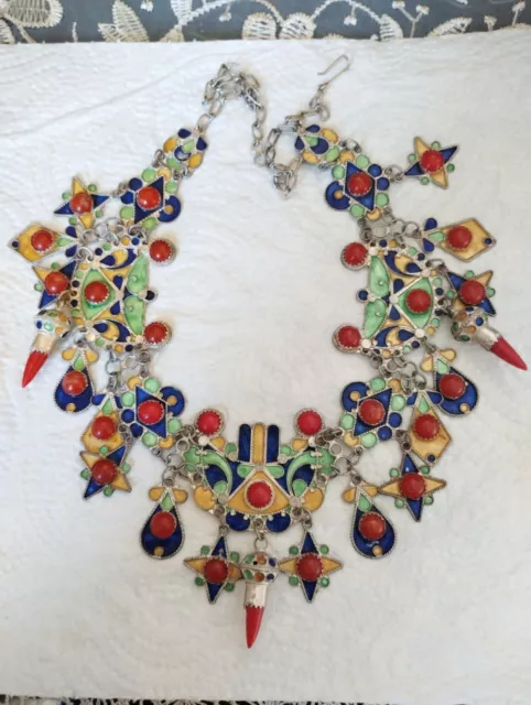 Old Algerian Kabyle necklace enameled silver with plastic stones weight 44g