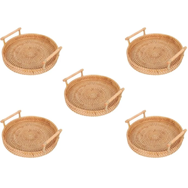 5 piezas bandeja de mimbre bandeja redonda tejida bandeja para servir fruta bocadillos bandeja Cou