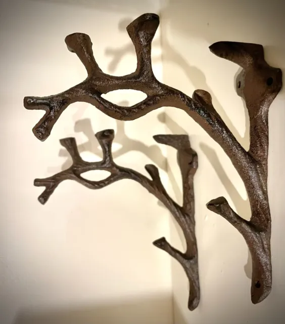 2 Rustic Cast Iron Shelf Bracket Wall Mount Hardware Brace Tree Branch Sculpture