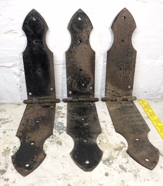 Set Of 3 Antique 1900s Architectural Salvage Cast Iron Door Strap Hinges VTG 24”