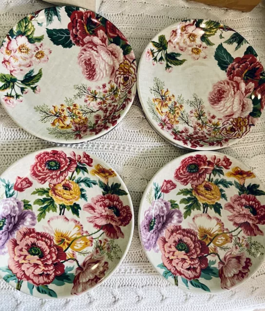 New Pottery Barn Meadow Floral Stoneware Salad Plates Spring Easter S4, 9” Diam.