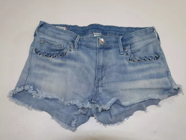 True Religion Womens Joey Cut Off Eyelet Denim Shorts Size 29 Blue Low Rise Jean