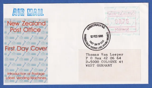 Neuseeland Frama-ATM 2. Ausg. 1986 Wert 00,75 auf adress. Lp-FDC