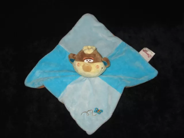Doudou carré plat Singe Bengy marron beige bleu orange écharpe laine papillon