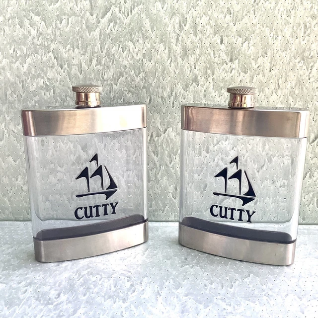CUTTY SARK FLASK - Stainless Steel/Plastic - BLACK RAISED LOGO - 6oz.  Set Of 2