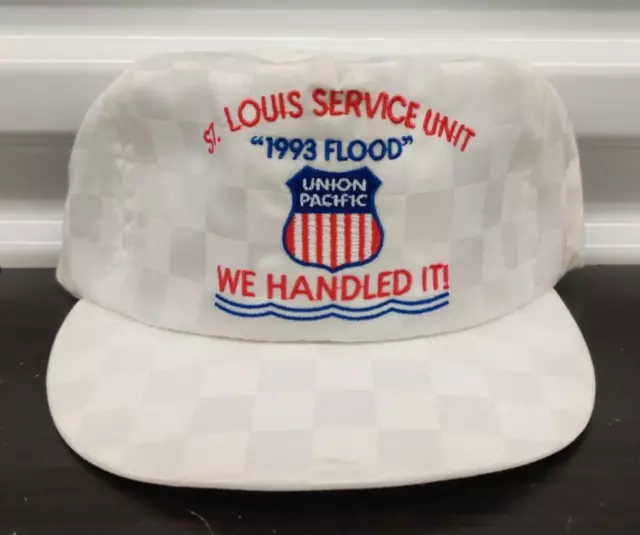 Vtg 90s Union Pacific St Louis 1993 Flood White Checker USA Snapback Trucker Cap