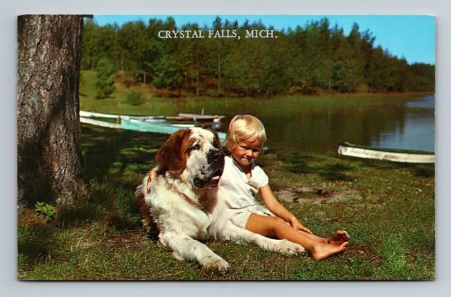 Crystal Falls,MI Greetings Kid and Dog 1979 Iron County Michigan Vintage