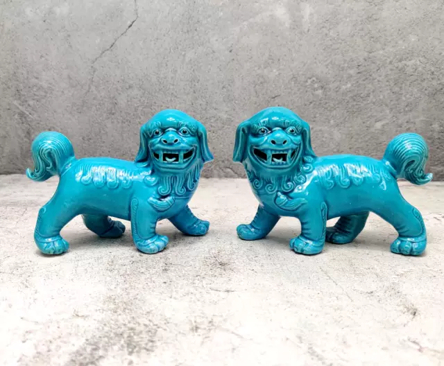 Pair Of Vintage Chinese Porcelain Foo Dog / Lion Glazed Ornament Turquoise Blue