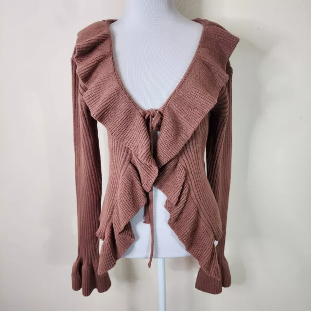 Debut Women's Ruffle Tie Front Cardigan Sweater Size XL Brown Bell Sleeve NWT