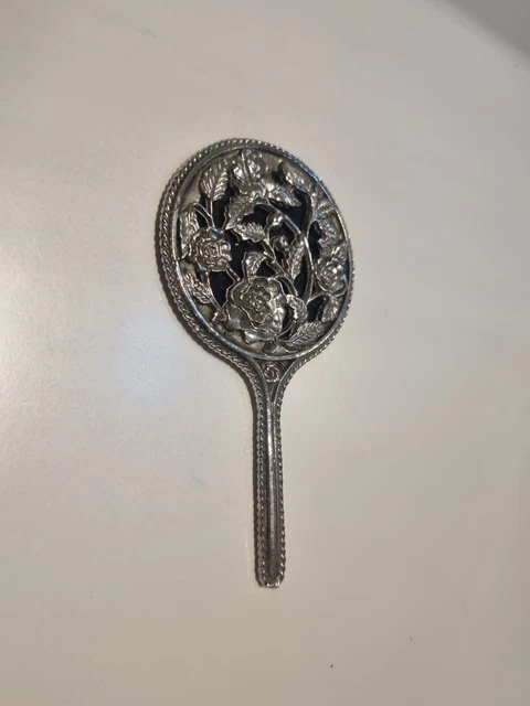 Vintage Ornate Roses Pattern Pocket Mirror With Handle, in White Metal.