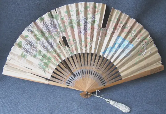 Antique  hand painted paper & wood Cafe Lafayette Chicago adv hand fan signed