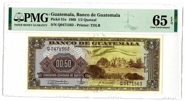 Guatemala. Banco De Guatemala, 1968 Issued, 1/2 Quetzal P-51e PMG Gem Unc 65 EPQ
