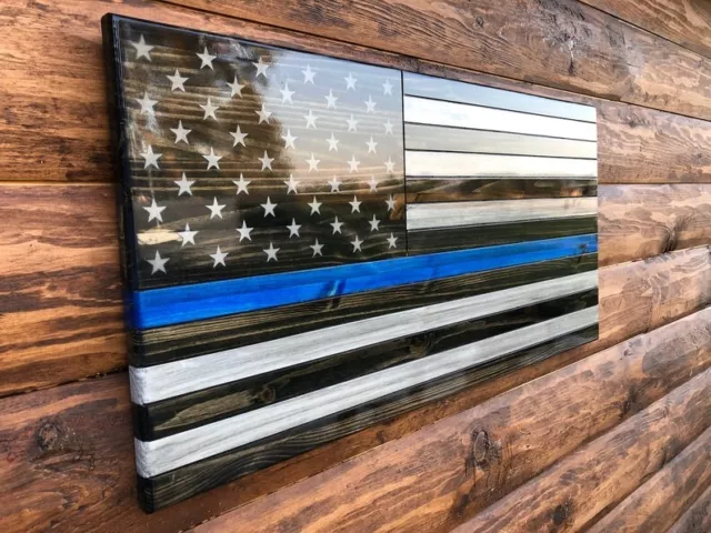 Subdued Wooden American Flag, thin blue line, red line, police, sheriff, dispatc