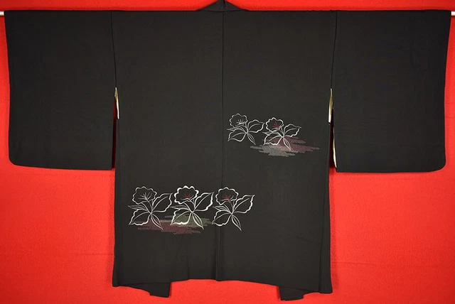 Vintage Japanese Kimono Silk Antique BORO Black HAORI Embroidery/A939/580