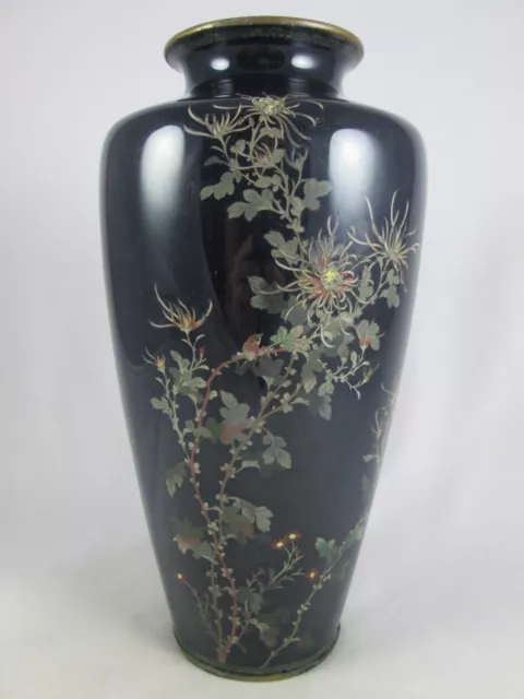 Antique Japanese Black Cloisonne Chysanthemum Vase Large 9 1/2" Meiji NR!