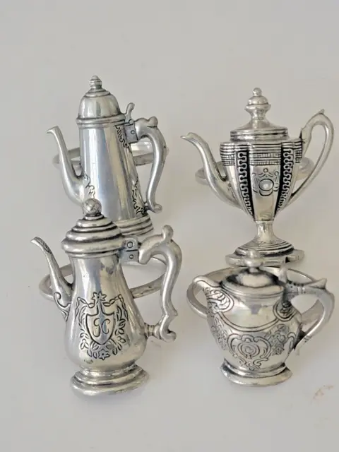 Retro VTG Fine Pewter Metal Tea Pot Napkin Rings Set 4 Beautiful Ornate