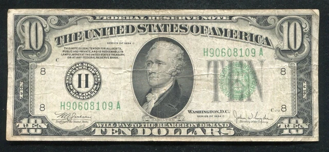 1934-C $10 Ten Dollars Frn Federal Reserve Note St. Louis, Mo Very Fine